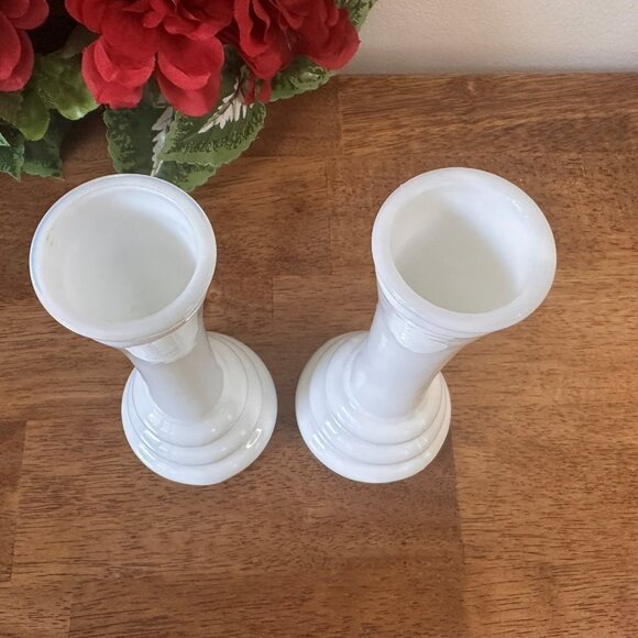 Pair of Randall Milk Glass Vases Ringed Base Midcentury Modern White Decor - Picture 5 of 7